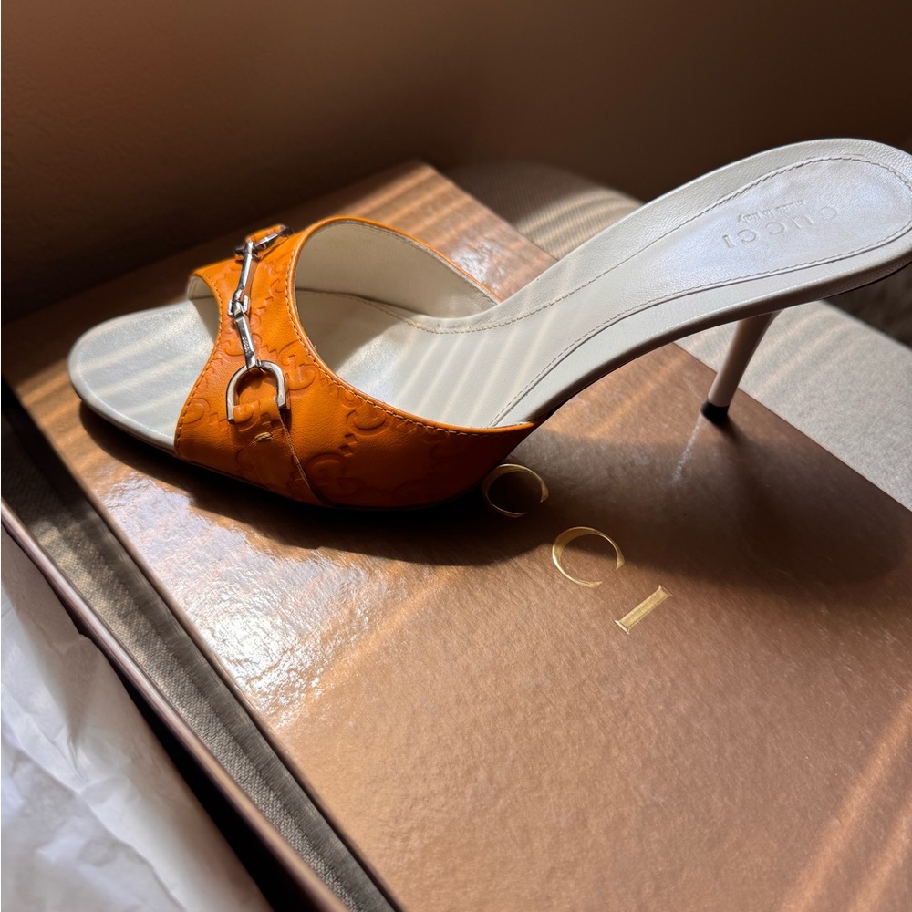 Gucci Orange Heeled Mules with Silver Accent